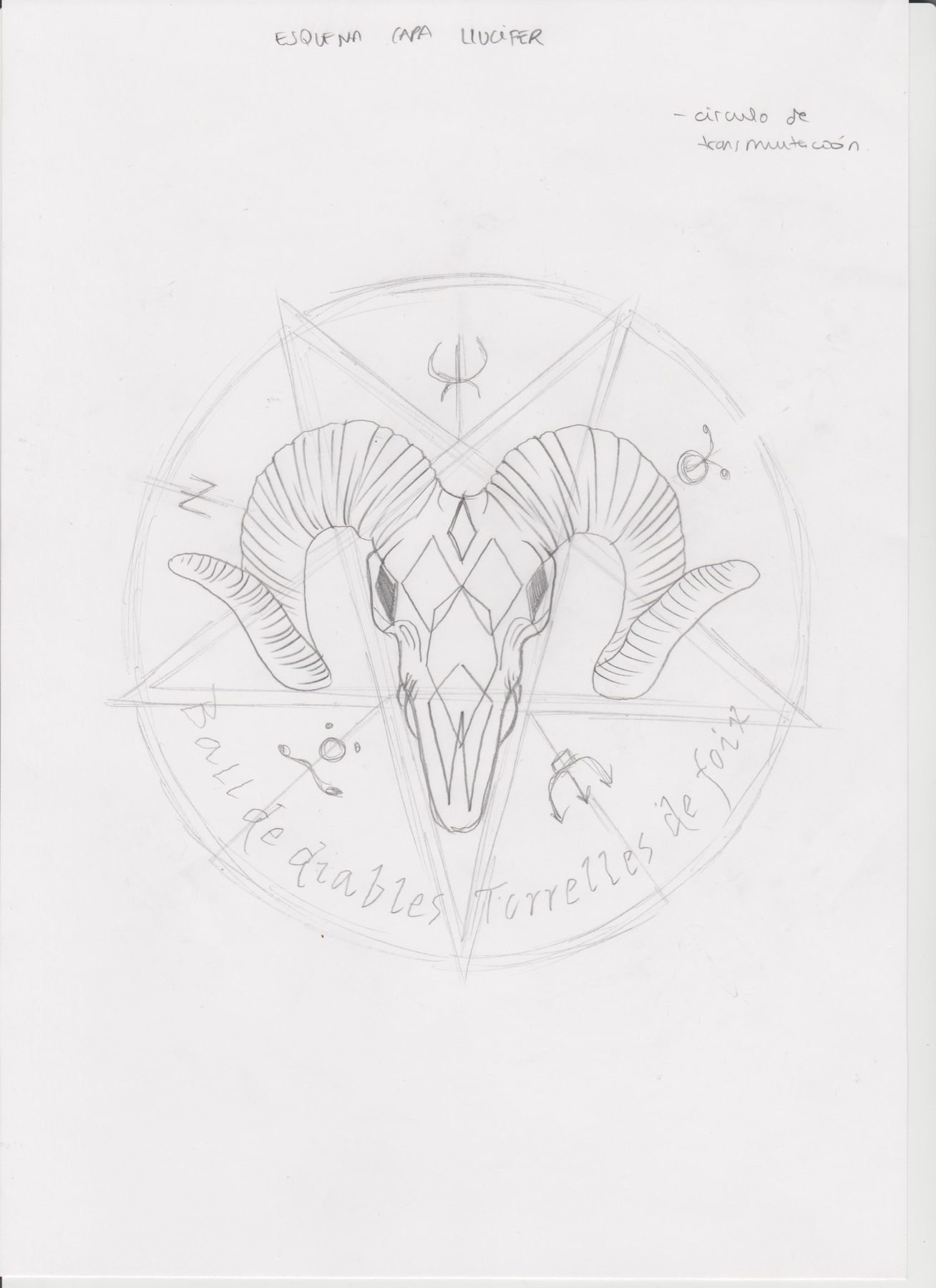 Croquis a llapis del logotip: crani de boc dibuixat sobre un pentagrama